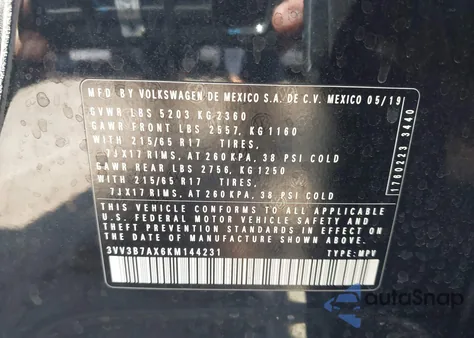 2019 Volkswagen Tiguan 2.0T Se/2.0T Sel/2.0T Sel R-Line/2.0T Sel R-Line Black from USA, damaged, VIN 3VV3B7AX6KM144231